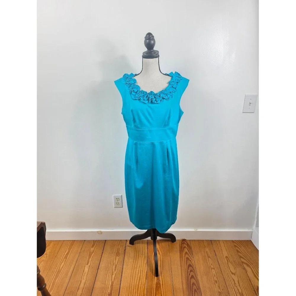 London Times Sheath‎ Dress Womens 12 Blue Ruffle Neck Sleeveless Cocktail Party